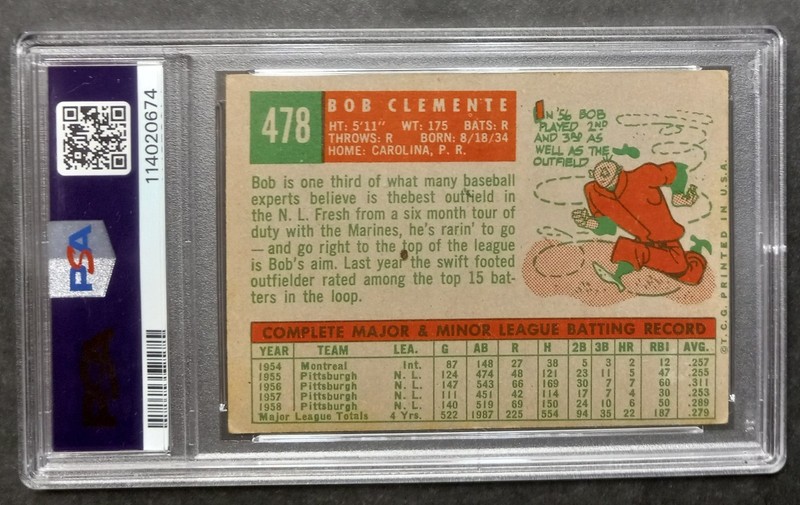 1959 Topps - #478 Roberto Clemente - HOF - PSA 3 VG view 2