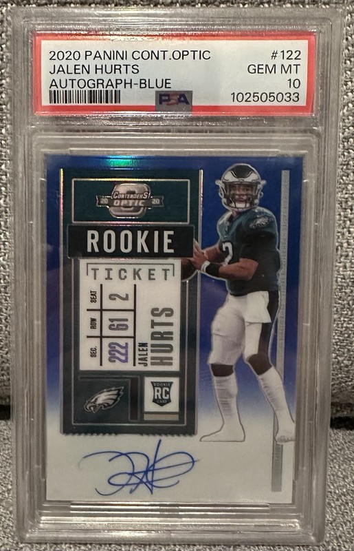 Jalen Hurts - 2020 Contenders Optic - Rookie Ticket Auto - Blue /75 - PSA 10 gem
