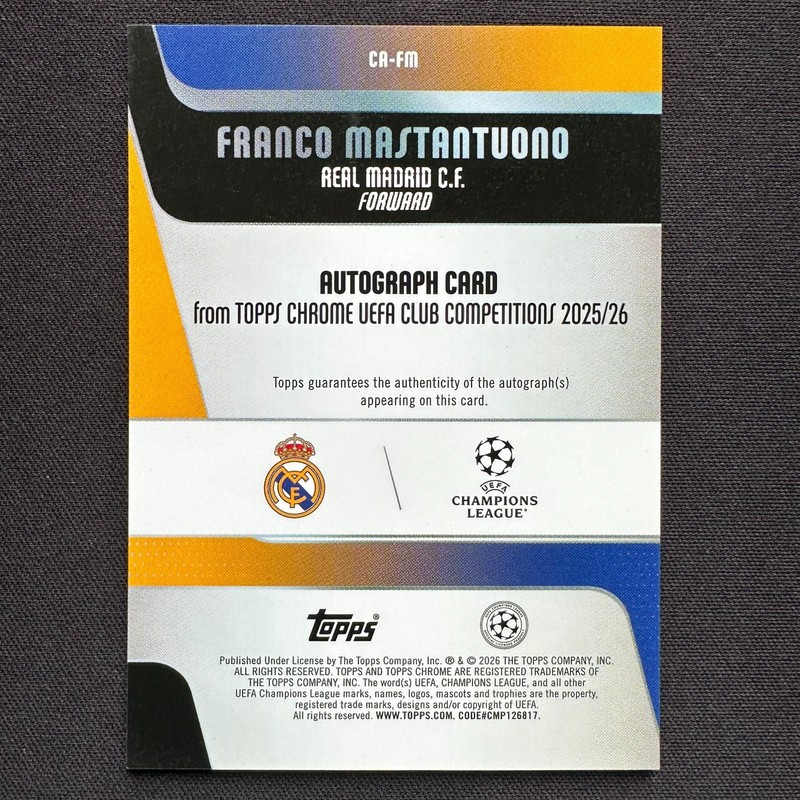 2025-26 Topps Chrome UEFA Champions League Franco Mastantuono RC Auto Pink /250 view 2