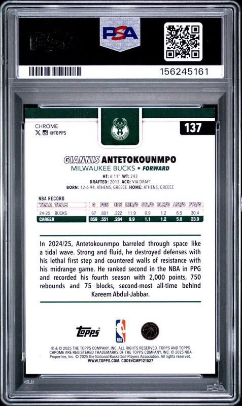 2025-26 Topps Chrome - Giannis Antetokounmpo #137 Gold Wave Refractor /50 PSA 10 view 2