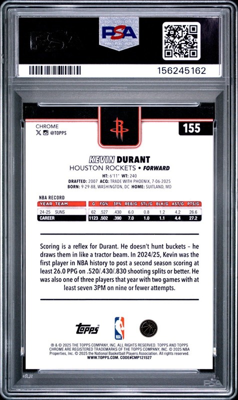 2025-26 Topps Chrome - Kevin Durant #155 Gold Wave Refractor /50 PSA 10 view 2