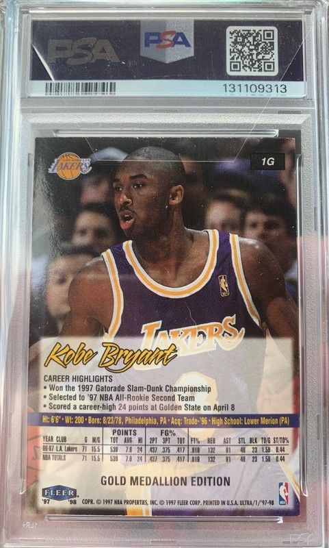 1997 Ultra Kobe Bryant Gold Medallion #1G PSA 7 view 2