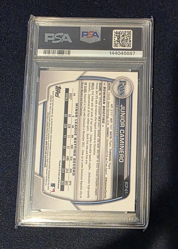 2023 Bowman Chrome #BCP-61 Junior Caminero Purple Refractor #/250 Rays PSA 10 view 2