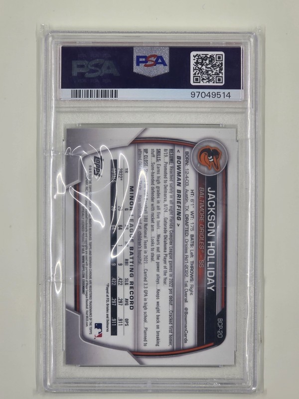 Jackson Holliday 2023 Bowman Mega Box BCP‑20 PSA 10 Gem Mint Orioles Prospect view 2