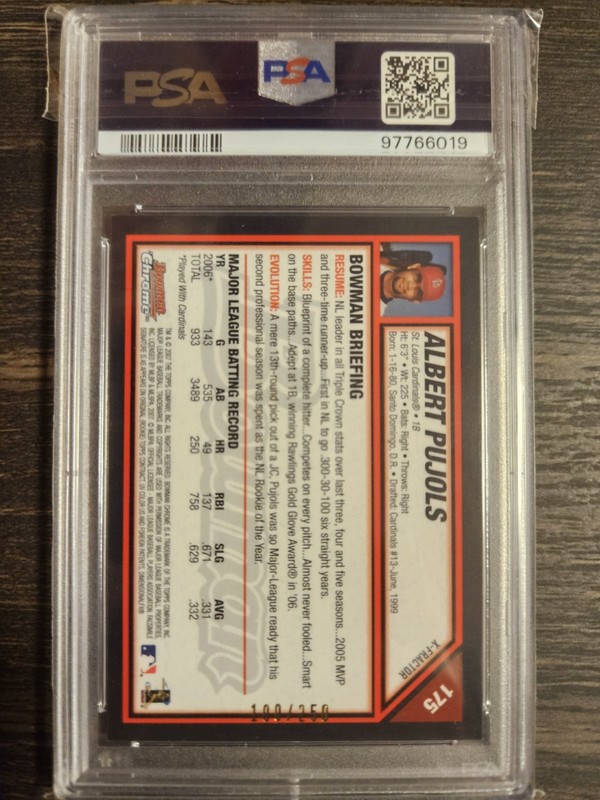2007 Albert Pujols Bowman Chrome Xfractor /250 #175 PSA 9 view 2