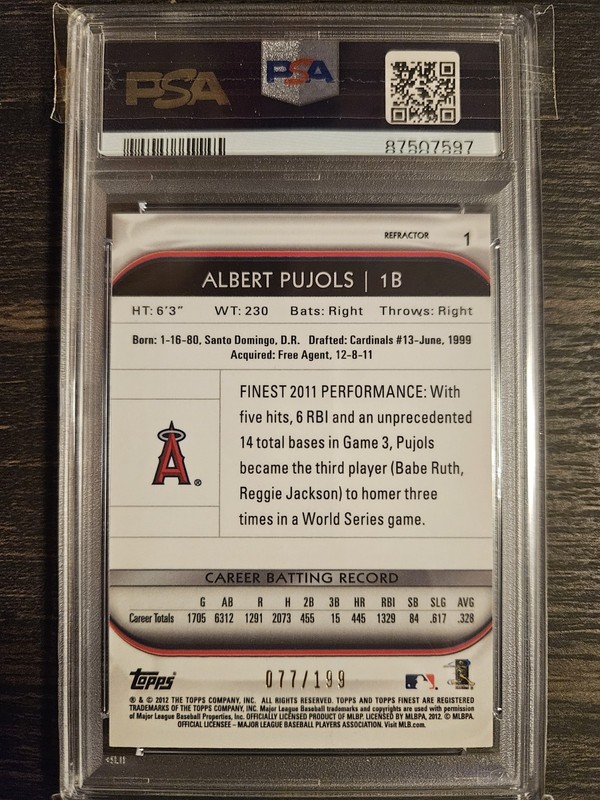 2012 Albert Pujols Topps Finest Green Refractor/199 #1 PSA 10! Gem Mint view 2
