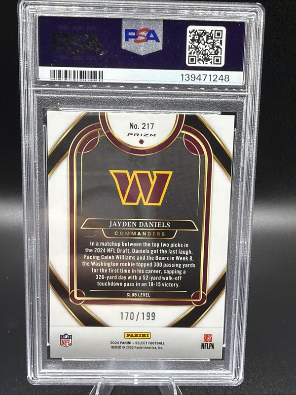 Jayden Daniels 2024 Panini Select Club Level #217 White Shock /199 Rookie PSA 10 view 2