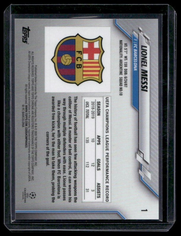 2019-20 Topps Chrome Sapphire Edition UEFA  #1b Lionel Messi Variation view 2