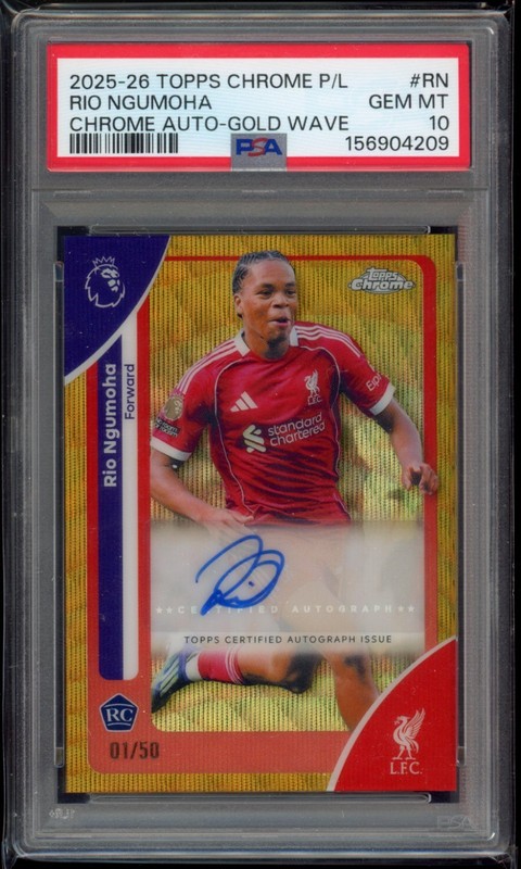 2025-26 Topps Chrome P/L Rio Ngumoha #CA-RN Gold Wave Auto 1/50 PSA 10 Liverpool