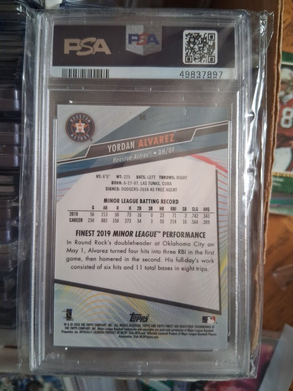 2020 Topps Finest Yordan Alvarez BLUE REFRACTOR /150 SP Rookie #50 PSA 10 GEM MT view 2