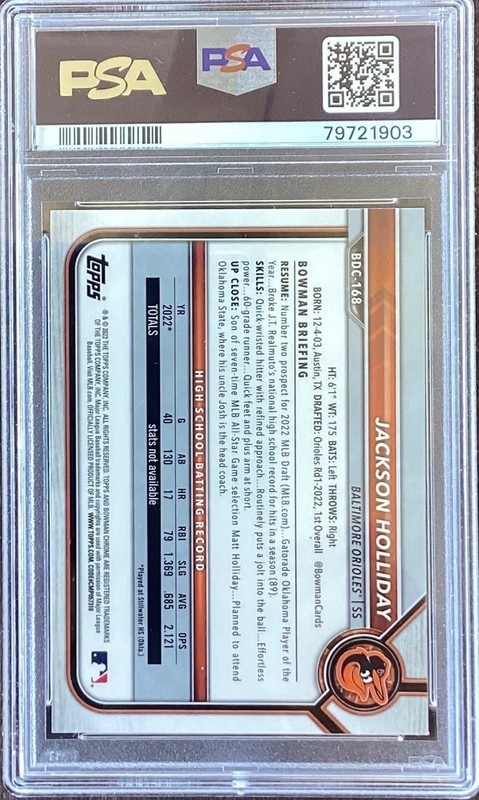 2022 Bowman Draft Chrome 1st - Jackson Holliday (RC) PSA 10 Gem Mint #BDC-168 view 2