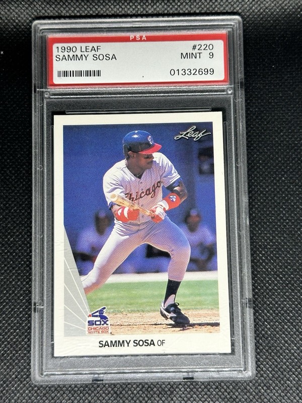 1990 Leaf Sammy Sosa ROOKIE PSA 9 + 2023 Leaf Sammy Sosa AUTO /1 view 2