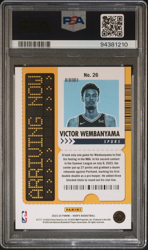 Panini 2023-24 NBA Hoops Victor Wembanyama Arriving Now #26 Rookie PSA 8 Spurs view 2