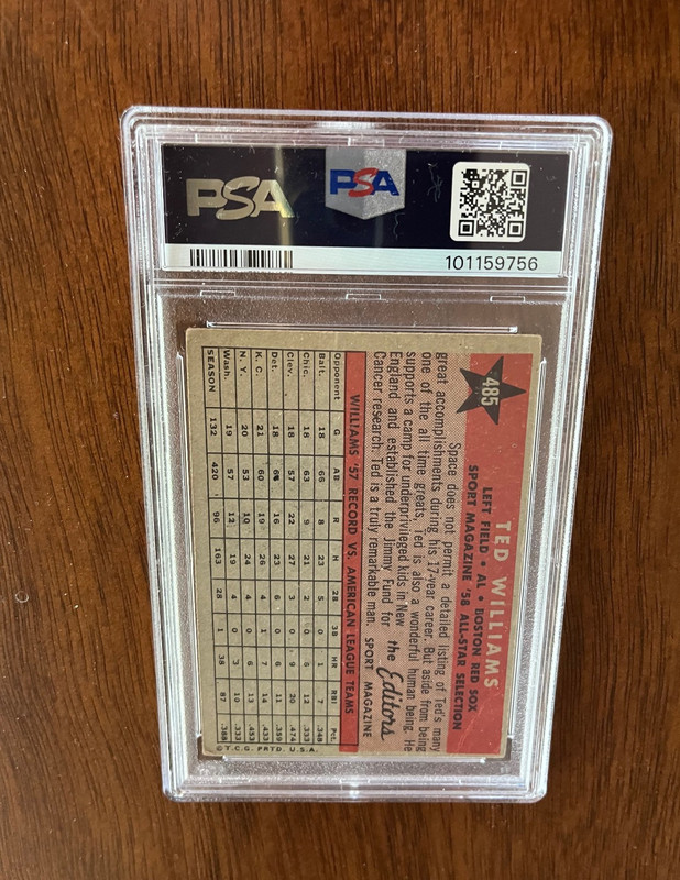 Ted Williams 1958 Topps All Star #485 Boston Red Sox HOF PSA 1.5 FR view 2