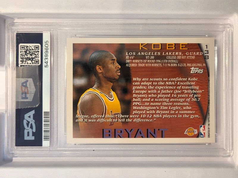 KOBE BRYANT 1996 TOPPS ROOKIE RC #138 PSA 9 MINT! LA LAKERS NBA MVP! SN#54399605 view 2