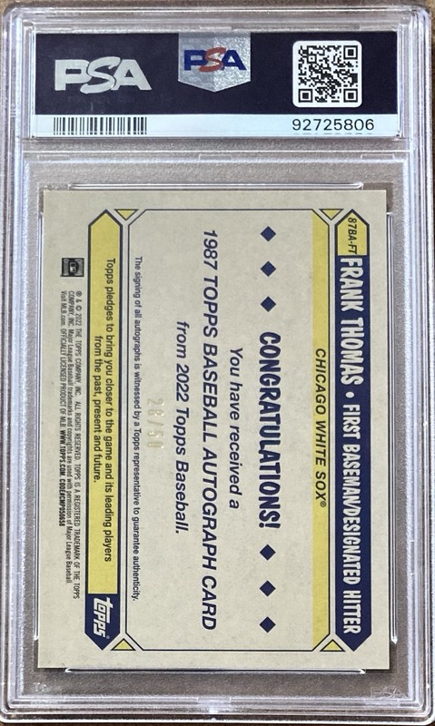 2022 Topps Frank Thomas '87 Design GOLD /50 AUTO PSA 10 GEM MINT view 2