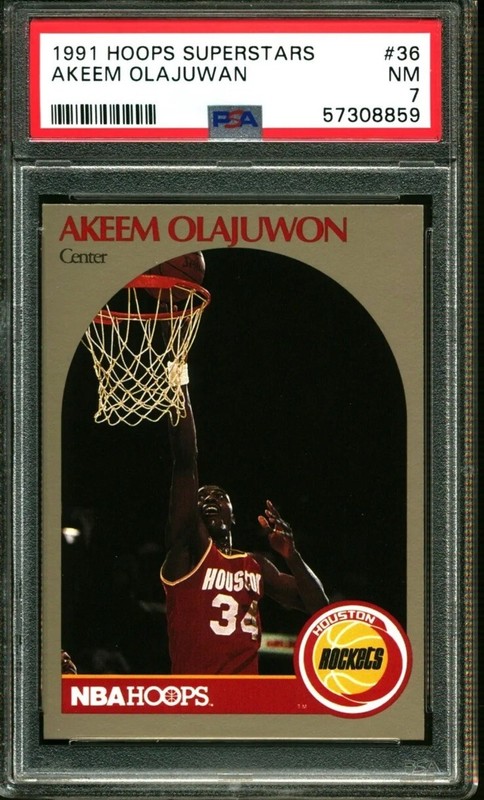 1991 HOOPS SUPERSTARS AKEEM OLAJUWAN #36 NBA HOF PSA 7 HOUSTON ROCKETS Vtg Card