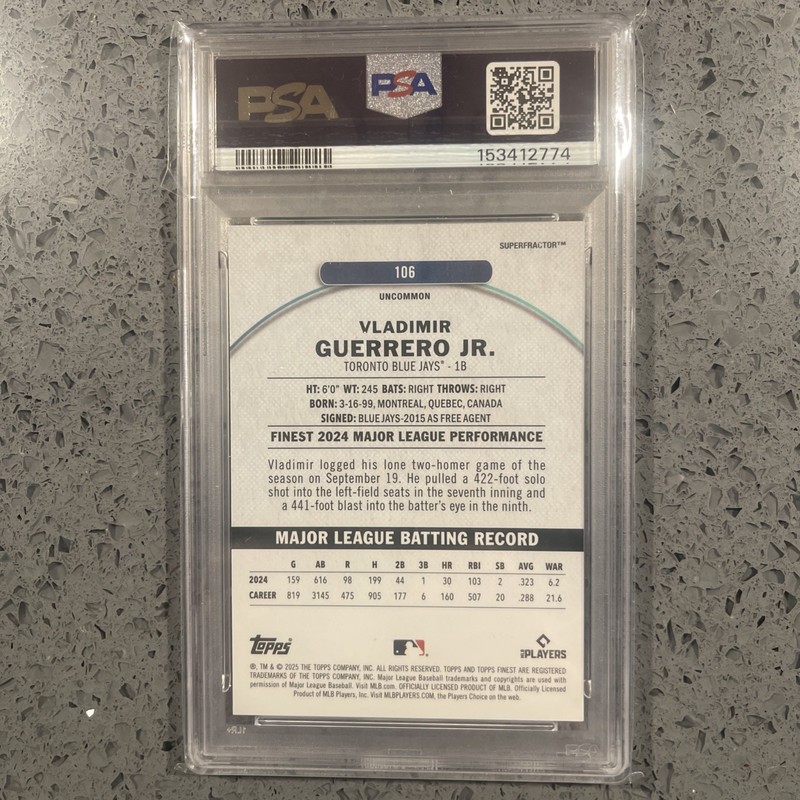 2025 Topps Finest Uncommon Vladimir Guerrero Jr Superfractor PSA 9 view 2