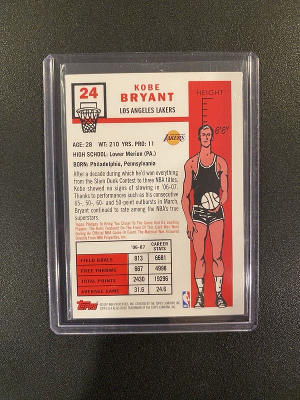 2007-08 Topps Kobe Bryant #24 1957-58 Variation Game Worn Patch view 2