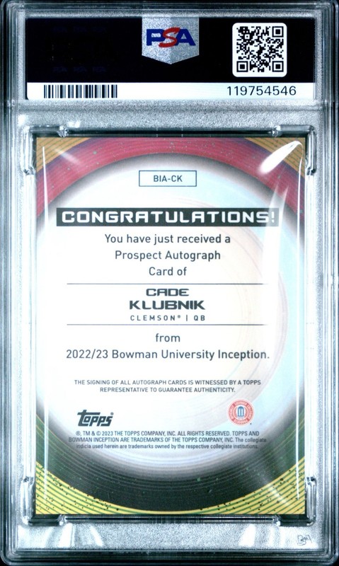 2022 Bowman U Inception CADE KLUBNIK Rookie AUTO #BIA-CK PSA 10 GEM, JETS view 2