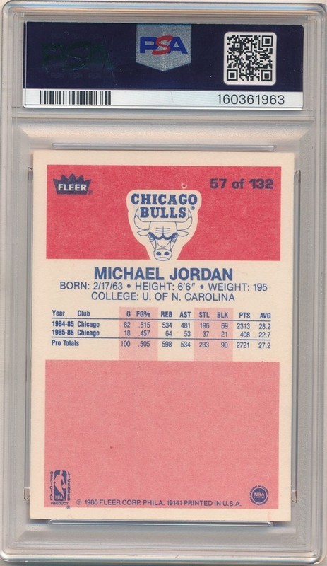 MICHAEL JORDAN 1986/87 FLEER #57 RC ROOKIE CARD CHICAGO BULLS PSA 5 NM view 2