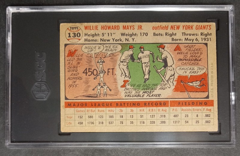 1956 Topps - #130 Willie Mays - HOF - SGC 2 GOOD view 2