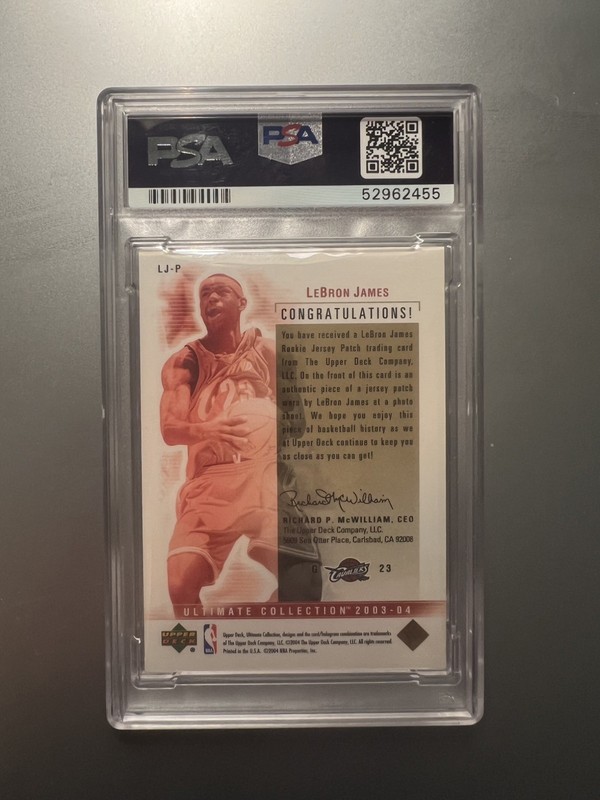 2003 UD Ultimate Collection LeBron James Game Worn Jersey Patch  /100 PSA 9 RC  view 2