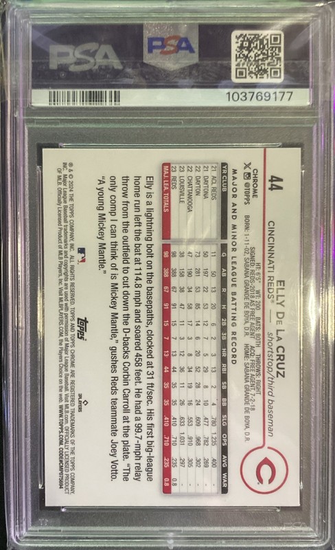 2024 TOPPS CHROME #44 ELLY DE LA CRUZ PSA 10 ROOKIE CARD view 2
