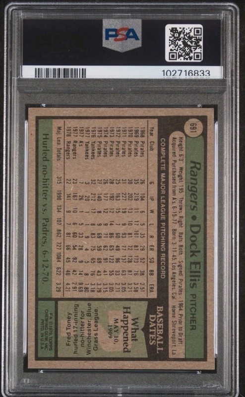 1979 Topps DOCK ELLIS #691 PSA 8 TEXAS RANGERS Graded Baseball Card Vintage view 2