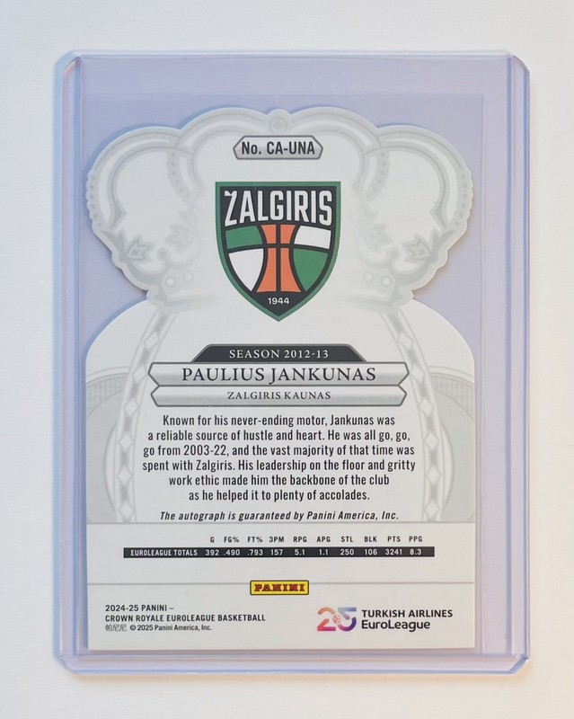 2024-25 Panini Crown Royale Euroleague Paulius Jankunas Crown Auto Platinum 1/1 view 2