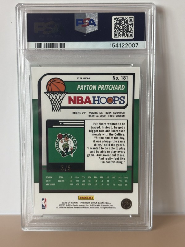 Payton Pritchard /5 - 2023 Panini Hoops - #181 Neon Green Prizm (PSA 10) view 2