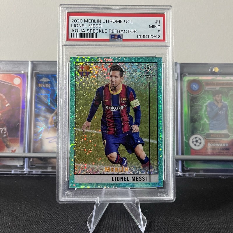 2020 Topps Merlin Chrome UCL Lionel Messi Aqua Speckle /175 PSA 9 FC Barcelona