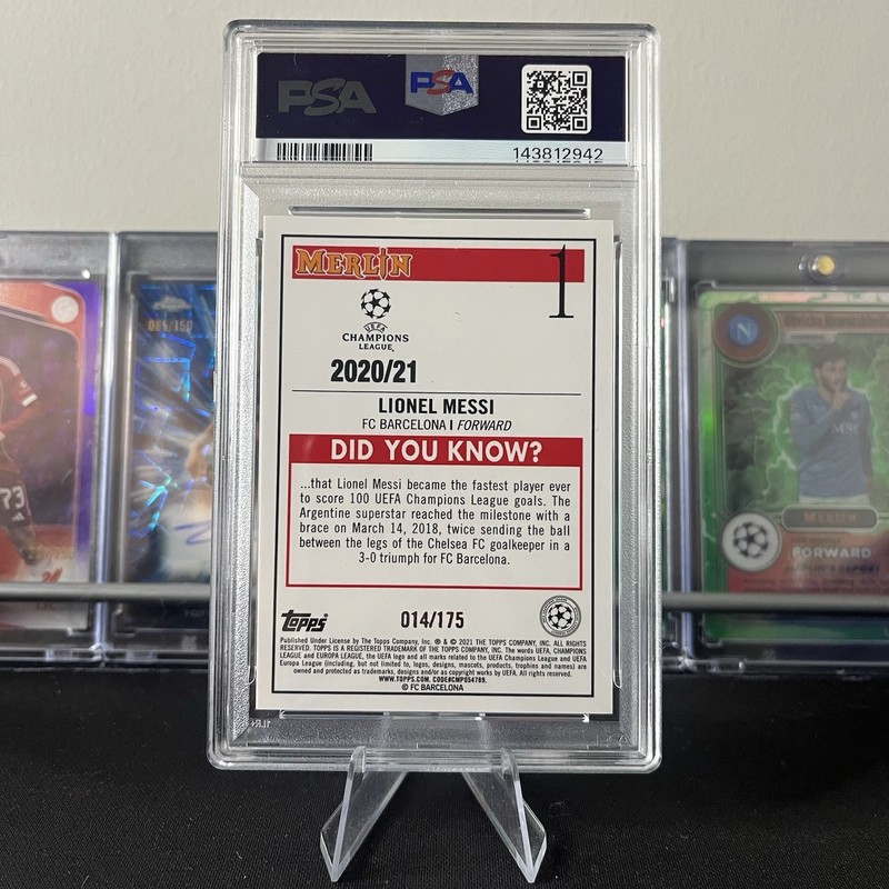 2020 Topps Merlin Chrome UCL Lionel Messi Aqua Speckle /175 PSA 9 FC Barcelona view 2