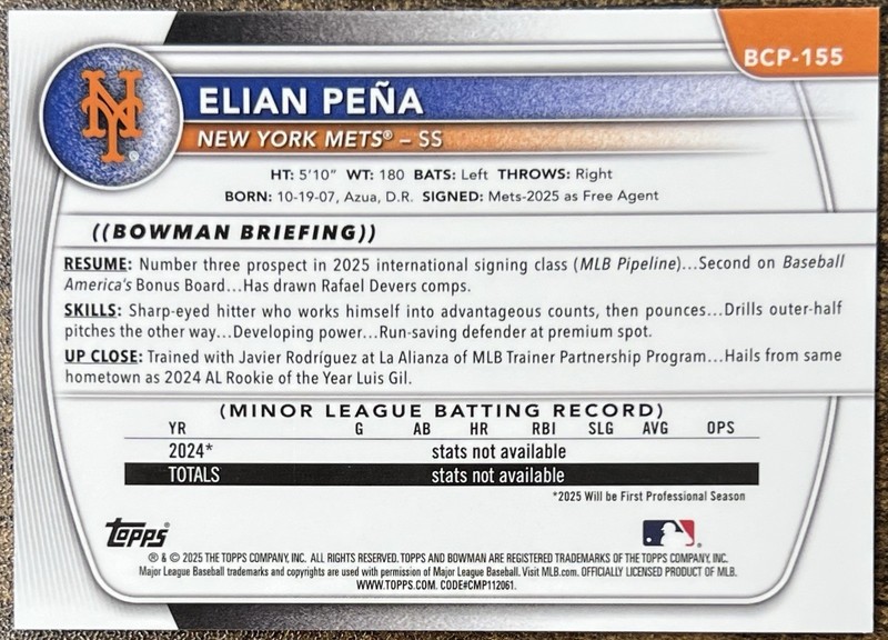 Elian Pena 2025 Bowman Chrome 1st Speckle Refractor #192/299 Mets #BCP-155 view 2