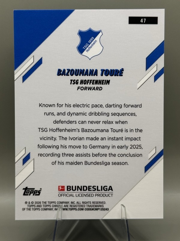 Bazoumana Toure TSG Hoffenheim 2025-26 Topps Chrome Sapphire Bundesliga RC view 2