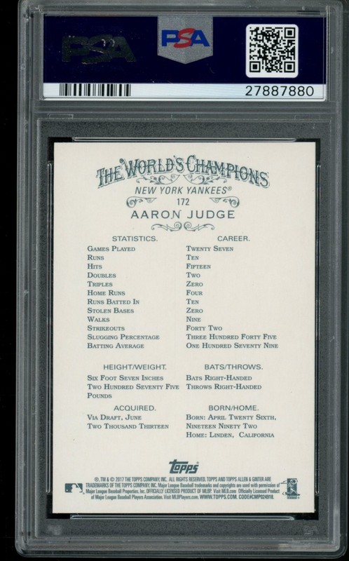 AARON JUDGE RC 2017 TOPPS ALLEN & GINTER #172 ROOKIE RC PSA 10! INVEST!! view 2