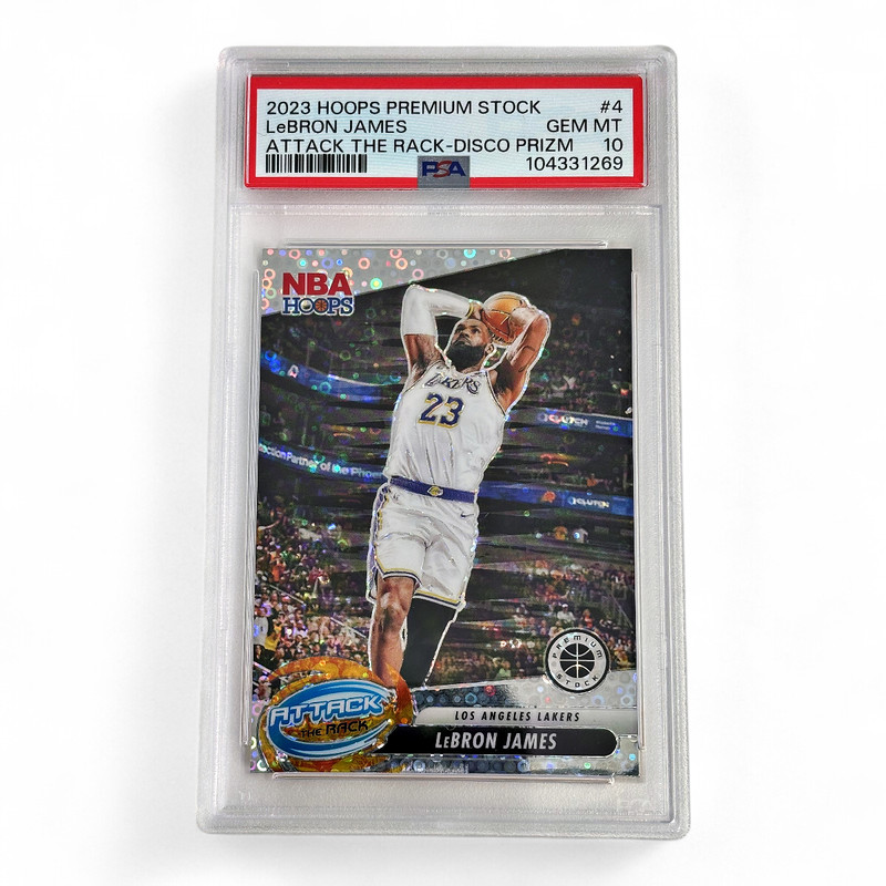 LeBron James 2023 Hoops Premium Stock Attack the Rack Disco Prizm #4 PSA 10