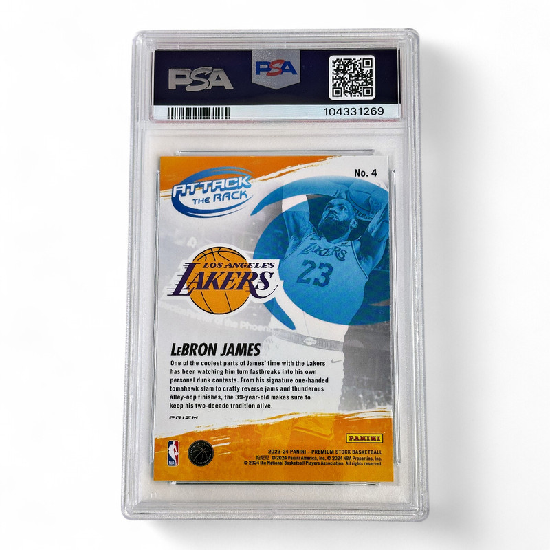 LeBron James 2023 Hoops Premium Stock Attack the Rack Disco Prizm #4 PSA 10 view 2