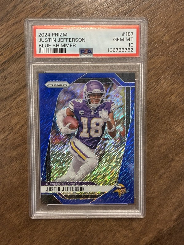 2024 Panini Prizm Justin Jefferson #187 Blue Shimmer Prizm #15/25 PSA GEM MT 10 view 1