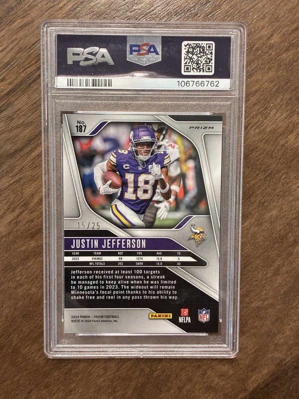 2024 Panini Prizm Justin Jefferson #187 Blue Shimmer Prizm #15/25 PSA GEM MT 10 view 2