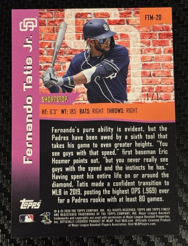 Topps 2020 Finest Fernando Tatis Jr. The Man Superfractor 1/1 Padres #FTM-20 view 2