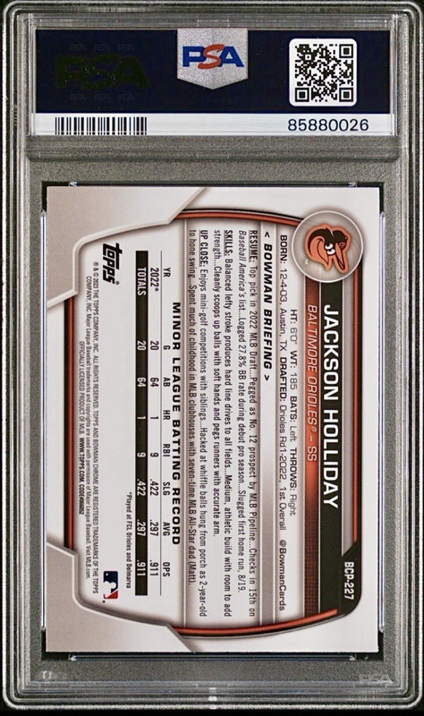 JACKSON HOLLIDAY 2023 Bowman Chrome Mega Prospect Mojo Image Variation RC PSA 10 view 2
