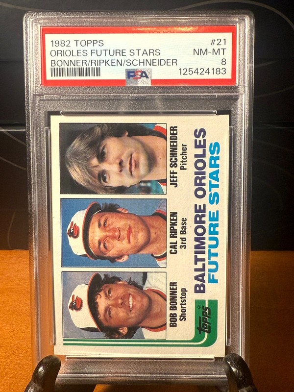 1982 Topps 21 Orioles Future Stars Bonner Ripken Schneider RC PSA 8 NM-MT