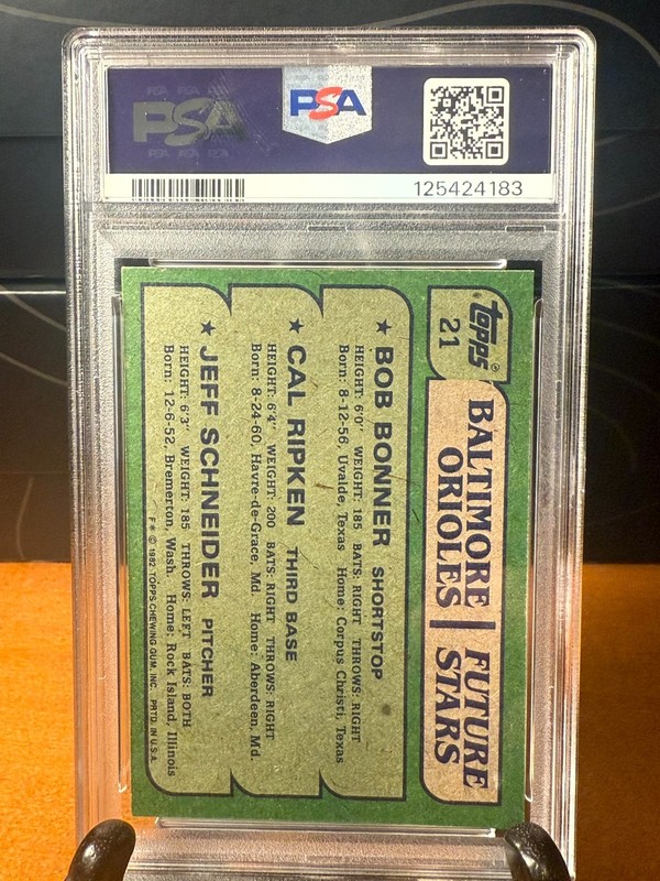 1982 Topps 21 Orioles Future Stars Bonner Ripken Schneider RC PSA 8 NM-MT view 2