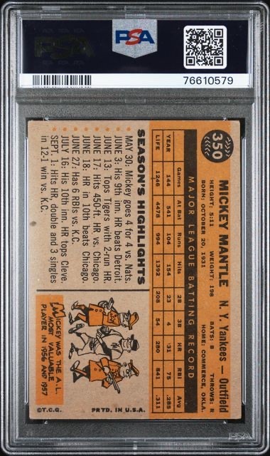 1960 Mickey Mantle Topps #350 PSA 2 Good  view 2