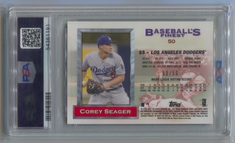 2020 Topps Finest Flashbacks #50 Corey Seager Gold Refractor PSA 10 view 2