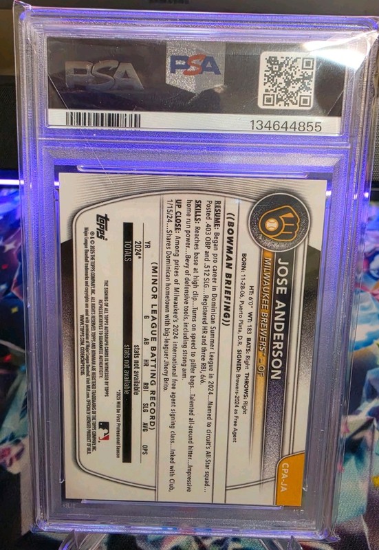 Psa 10 2025 Bowman Chrome Prospects Auto Jose Anderson Orange Wave 19/25 Brewers view 2