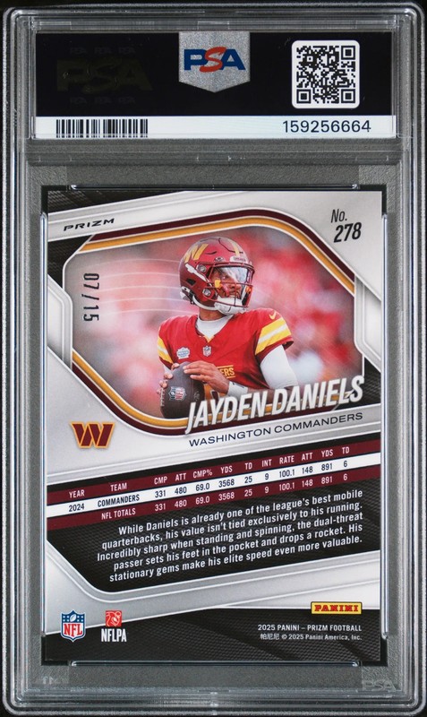 2025 Panini Prizm Jayden Daniels Purple Shimmer 7/15 #278 PSA 10 view 2