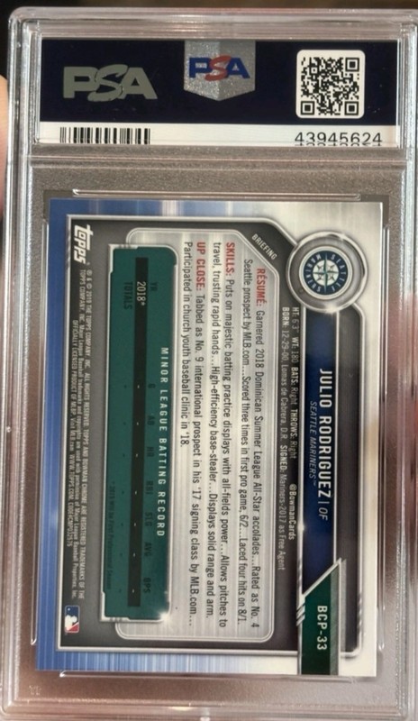 019 1st Bowman Chrome Julio Rodriguez BCP33 Rookie Card RC PSA 10 GEM MINT view 2