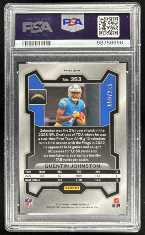 2023 Panini Prizm Quentin Johnston RC Purple Ice Rookie #/225 Chargers PSA 10 view 2